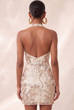 Champagne halter hals bodycon pailletten rugloos korte homecomingjurk