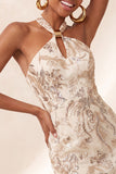 Champagne halter hals bodycon pailletten rugloos korte homecomingjurk