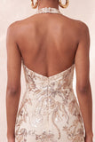 Champagne halter hals bodycon pailletten rugloos korte homecomingjurk