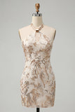 Champagne halter hals bodycon pailletten rugloos korte homecomingjurk