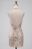 Champagne halter hals bodycon pailletten rugloos korte homecomingjurk