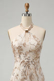 Champagne halter hals bodycon pailletten rugloos korte homecomingjurk