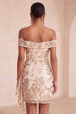 Off-the-shoulder Champagne Bodycon pailletten Korte Homecoming Jurk met sjerp