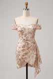 Off-the-shoulder Champagne Bodycon pailletten Korte Homecoming Jurk met sjerp