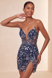 Bodycon marineblauwe pailletten Spaghetti bandjes korte homecomingjurk met split