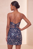 Bodycon marineblauwe pailletten Spaghetti bandjes korte homecomingjurk met split