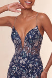 Bodycon marineblauwe pailletten Spaghetti bandjes korte homecomingjurk met split