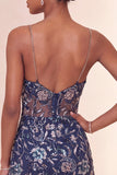 Bodycon marineblauwe pailletten Spaghetti bandjes korte homecomingjurk met split