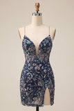 Bodycon marineblauwe pailletten Spaghetti bandjes korte homecomingjurk met split