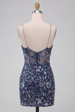 Bodycon marineblauwe pailletten Spaghetti bandjes korte homecomingjurk met split