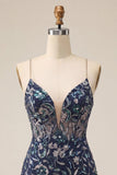 Bodycon marineblauwe pailletten Spaghetti bandjes korte homecomingjurk met split