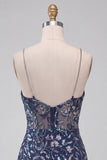 Bodycon marineblauwe pailletten Spaghetti bandjes korte homecomingjurk met split