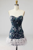 Strapless marineblauw bodycon pailletten korte homecomingjurk met veren