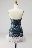 Strapless marineblauw bodycon pailletten korte homecomingjurk met veren