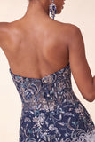Strapless marineblauw bodycon pailletten korte homecomingjurk met veren
