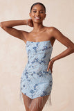 Strapless blauwe pailletten bloemen korte homecomingjurk met franjes