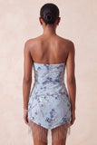 Strapless blauwe pailletten bloemen korte homecomingjurk met franjes