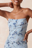 Strapless blauwe pailletten bloemen korte homecomingjurk met franjes