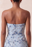 Strapless blauwe pailletten bloemen korte homecomingjurk met franjes