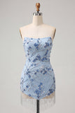 Strapless blauwe pailletten bloemen korte homecomingjurk met franjes