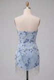 Strapless blauwe pailletten bloemen korte homecomingjurk met franjes