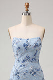 Strapless blauwe pailletten bloemen korte homecomingjurk met franjes