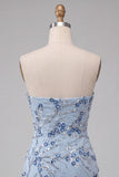 Strapless blauwe pailletten bloemen korte homecomingjurk met franjes