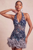 Marineblauwe halterhals pailletten Bodycon Bloemen rugloze korte homecomingjurk met ruches