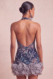 Marineblauwe halterhals pailletten Bodycon Bloemen rugloze korte homecomingjurk met ruches