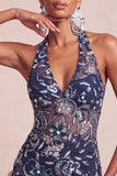 Marineblauwe halterhals pailletten Bodycon Bloemen rugloze korte homecomingjurk met ruches