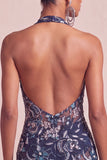 Marineblauwe halterhals pailletten Bodycon Bloemen rugloze korte homecomingjurk met ruches
