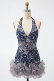 Marineblauwe halterhals pailletten Bodycon Bloemen rugloze korte homecomingjurk met ruches