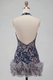 Marineblauwe halterhals pailletten Bodycon Bloemen rugloze korte homecomingjurk met ruches