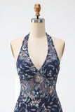 Marineblauwe halterhals pailletten Bodycon Bloemen rugloze korte homecomingjurk met ruches
