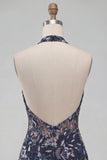 Marineblauwe halterhals pailletten Bodycon Bloemen rugloze korte homecomingjurk met ruches