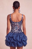 A-Line marineblauwe pailletten met bloemen dikke bandjes korte homecomingjurk