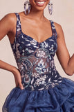 A-Line marineblauwe pailletten met bloemen dikke bandjes korte homecomingjurk