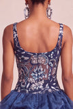 A-Line marineblauwe pailletten met bloemen dikke bandjes korte homecomingjurk