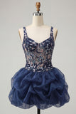 A-Line marineblauwe pailletten met bloemen dikke bandjes korte homecomingjurk