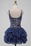 A-Line marineblauwe pailletten met bloemen dikke bandjes korte homecomingjurk