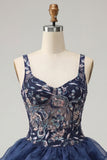 A-Line marineblauwe pailletten met bloemen dikke bandjes korte homecomingjurk