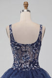 A-Line marineblauwe pailletten met bloemen dikke bandjes korte homecomingjurk