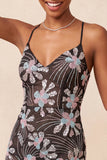 Zwarte Bodycon Spaghetti Straps Pailletten Bloemen Korte Homecoming Jurk met split