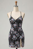 Zwarte Bodycon Spaghetti Straps Pailletten Bloemen Korte Homecoming Jurk met split