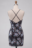 Zwarte Bodycon Spaghetti Straps Pailletten Bloemen Korte Homecoming Jurk met split