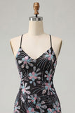 Zwarte Bodycon Spaghetti Straps Pailletten Bloemen Korte Homecoming Jurk met split