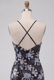 Zwarte Bodycon Spaghetti Straps Pailletten Bloemen Korte Homecoming Jurk met split