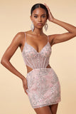 Blush bodycon korset met uitgesneden spaghettibandjes pailletten bloemige korte homecomingjurk