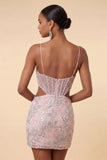 Blush bodycon korset met uitgesneden spaghettibandjes pailletten bloemige korte homecomingjurk