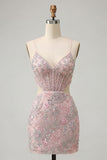 Blush bodycon korset met uitgesneden spaghettibandjes pailletten bloemige korte homecomingjurk